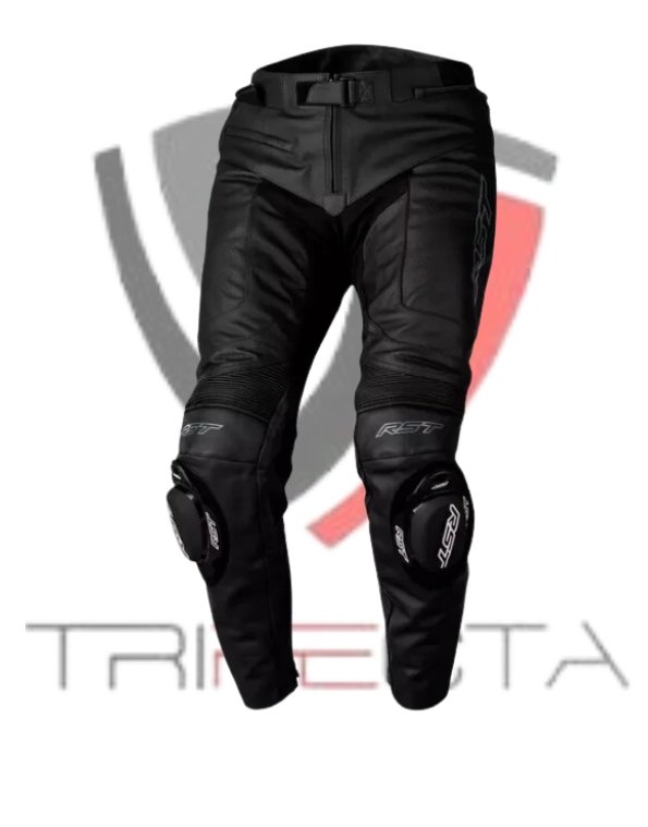 Motorcycle riding pants by Trifecta MotoGear featuring reinforced knee pads, durable black textile material, and the Trifecta logo with stylized ‘T’ in the background. The pants are designed for rider safety and comfort